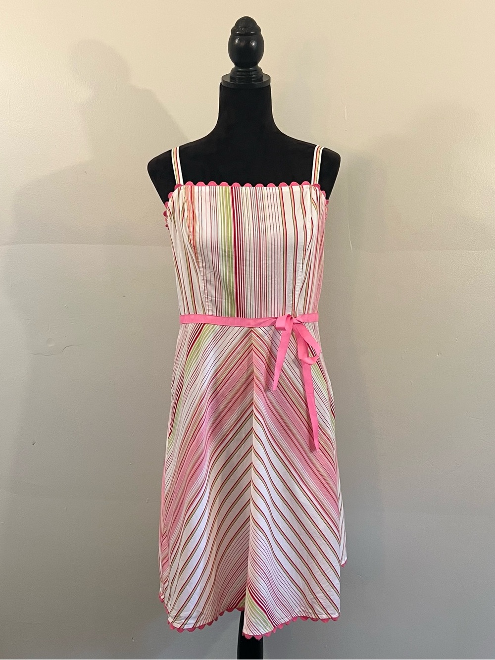 Y2K La Belle pink green striped ribbon trim sundress 2000’s girly feminine twee